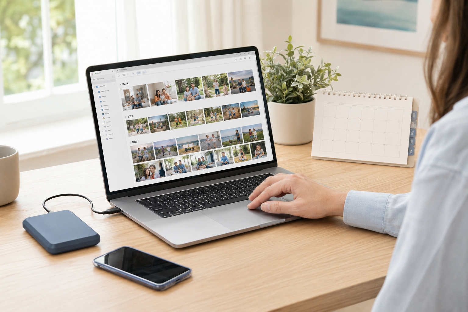 An organized digital photo library open on a laptop